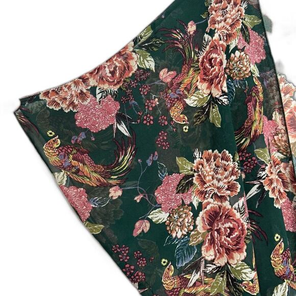 Xhilaration Kimono Green & Pink Floral Bird Sheer Long Split Sides Women sz XS/S - Picture 4 of 8
